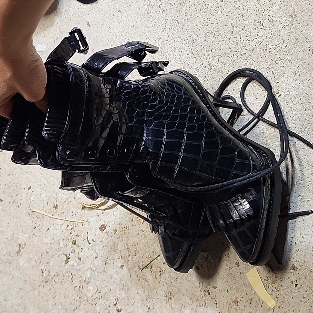 Alexander Wang black croc embossed leather lace up boots 38